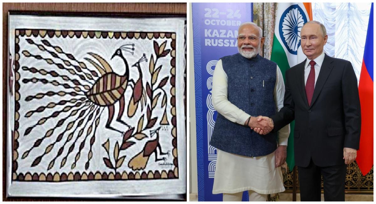 प्रधानमंत्री नरेंद्र मोदी ने राष्ट्रपति पुतिन को झारखंड की पारंपरिक पेंटिंग भेंट की प्रधानमंत्री नरेंद्र मोदी ने राष्ट्रपति पुतिन को झारखंड की पारंपरिक पेंटिंग भेंट की
