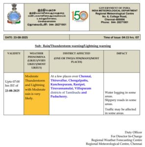 Tamil Nadu में बारिश, गरज-चमक और बिजली गिरने का अलर्ट जारी