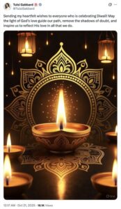 यूएस नेशनल इंटेलिजेंस डायरेक्टर तुलसी गैबार्ड ने दी दिवाली की शुभकामनाएं